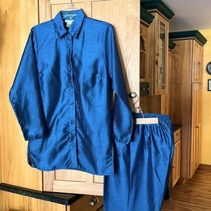 SELENE SPORT vintage blue faux shantung suit set M Tunic & ankle pants